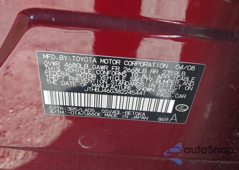 2008 Lexus Es 350 z USA, uszkodzony, nr VIN JTHBJ46G382245441